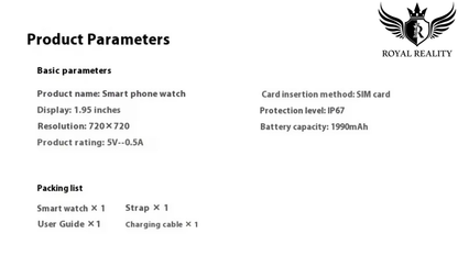 Product parameters of a smart phone watch with Royal Reality branding.
