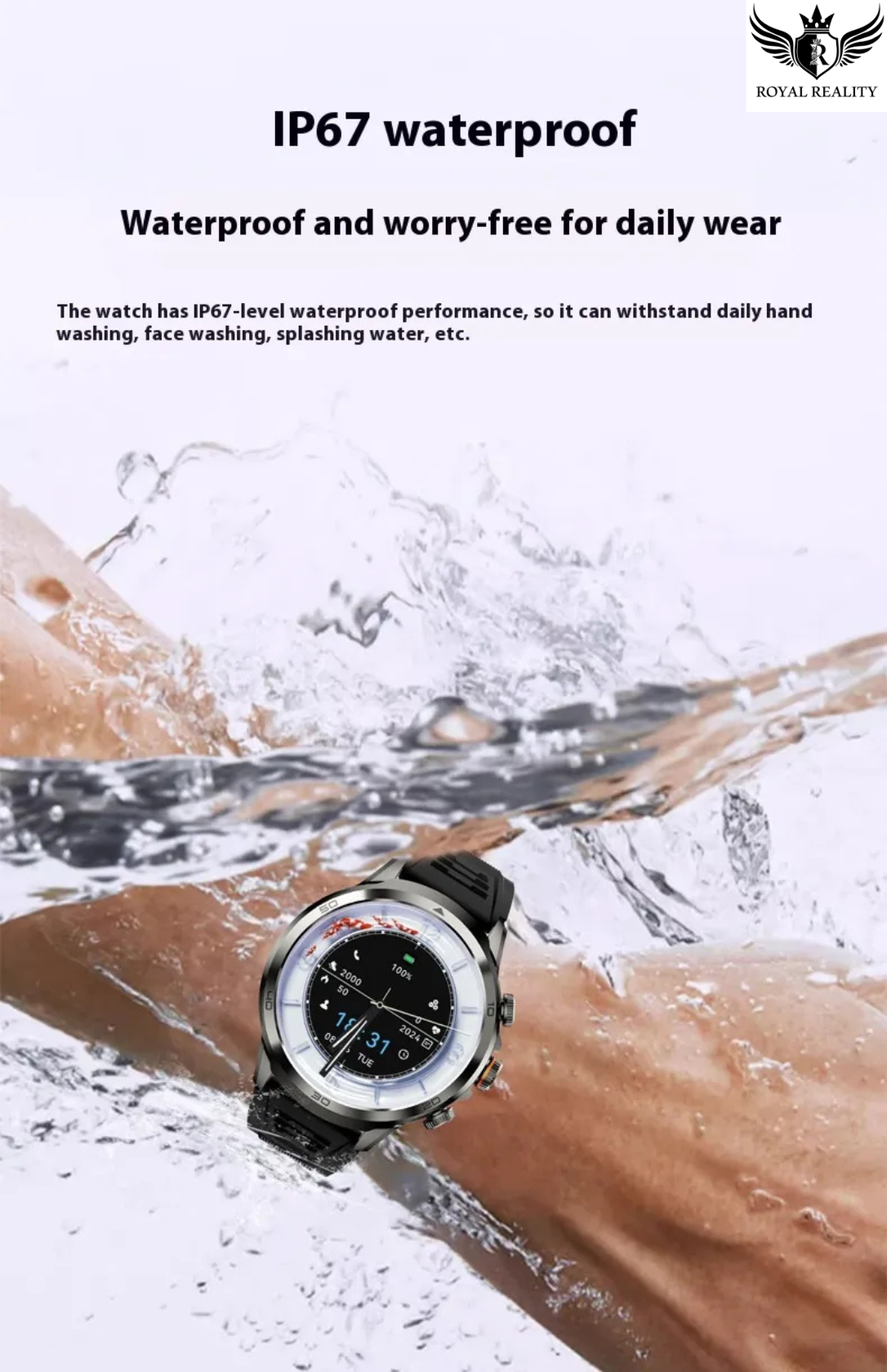 Smartwatch with water resistance feature on a beach background