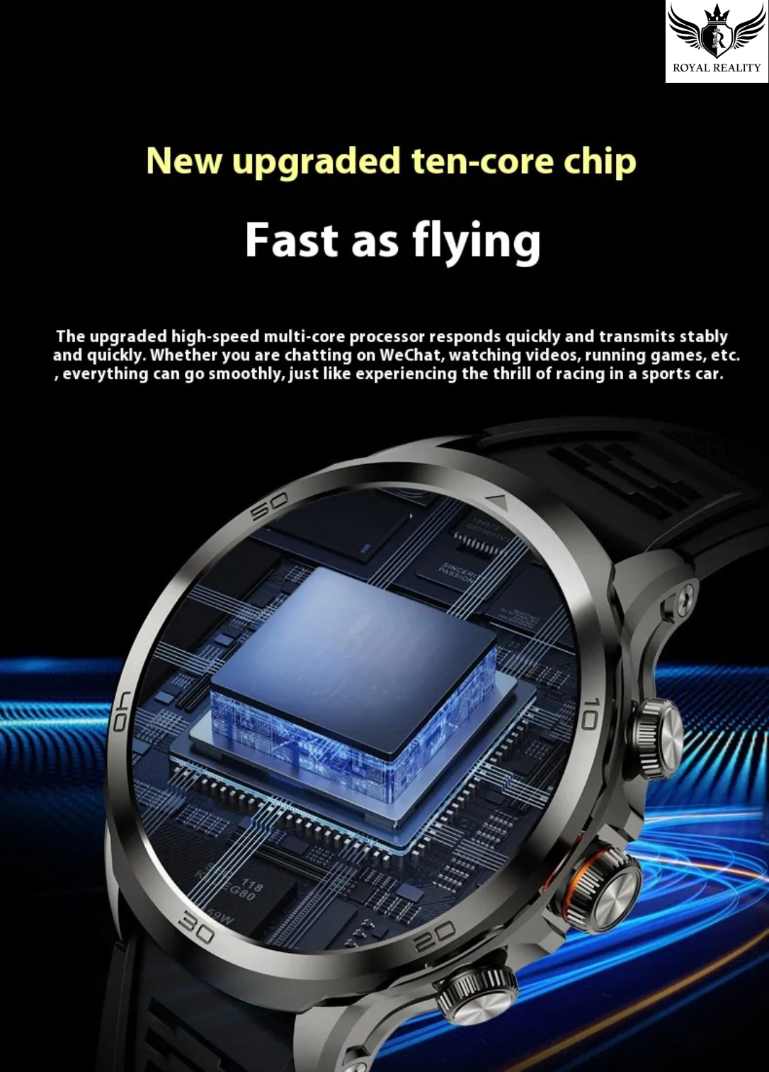 Smartwatch with a prominent display of a chip, highlighting its upgraded ten-core chip feature.