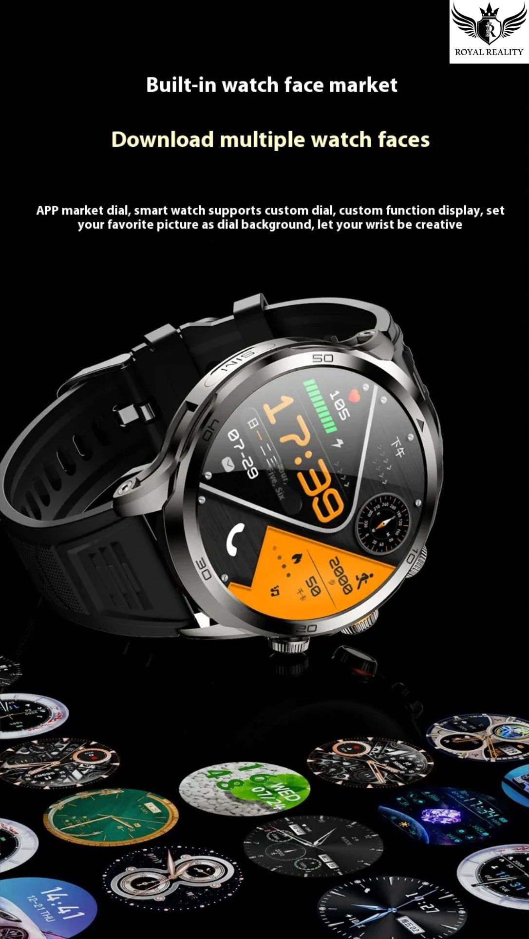 Smartwatch with customizable watch faces on a dark background