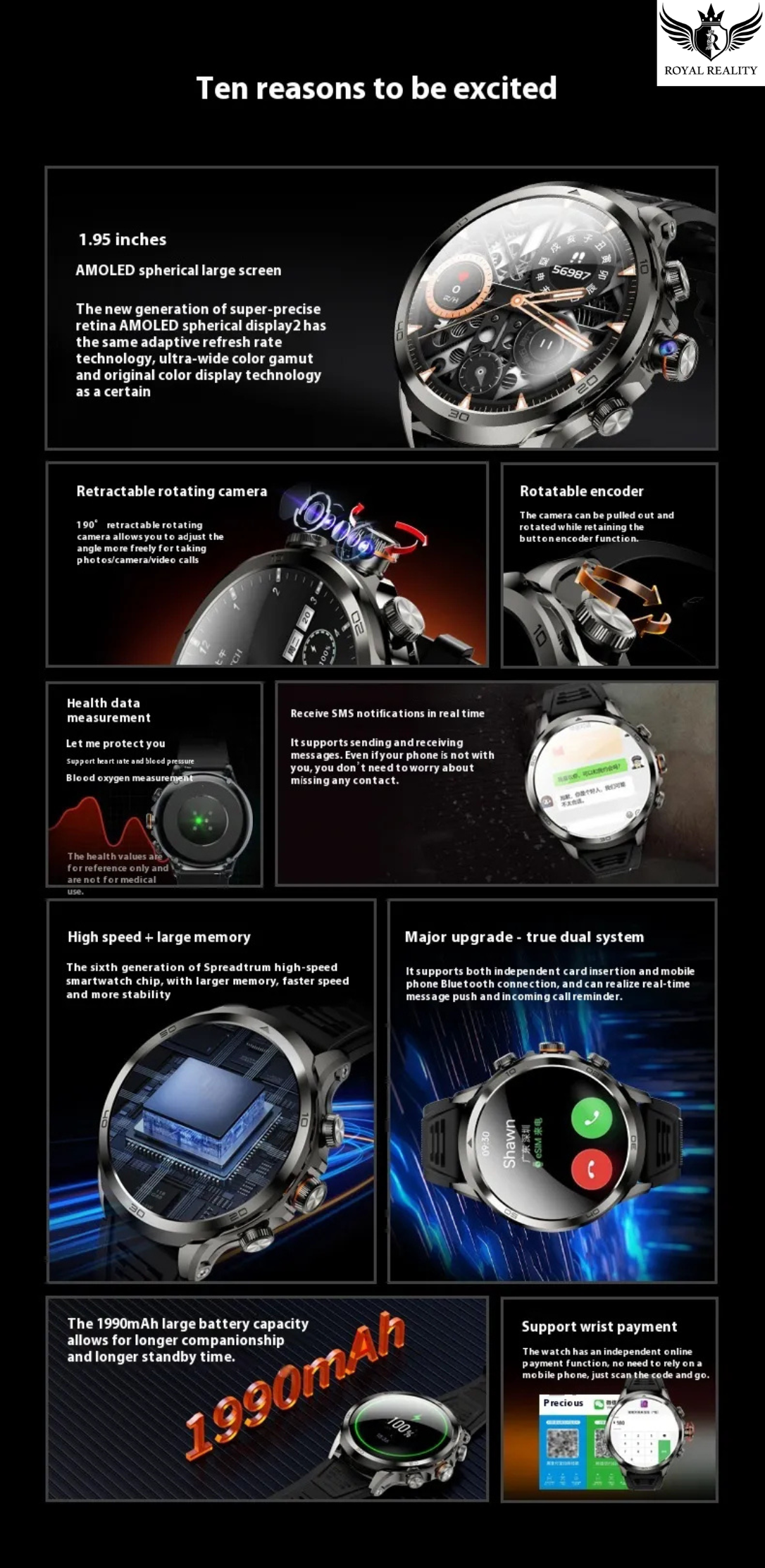 Promotional image of a smartwatch with features highlighted