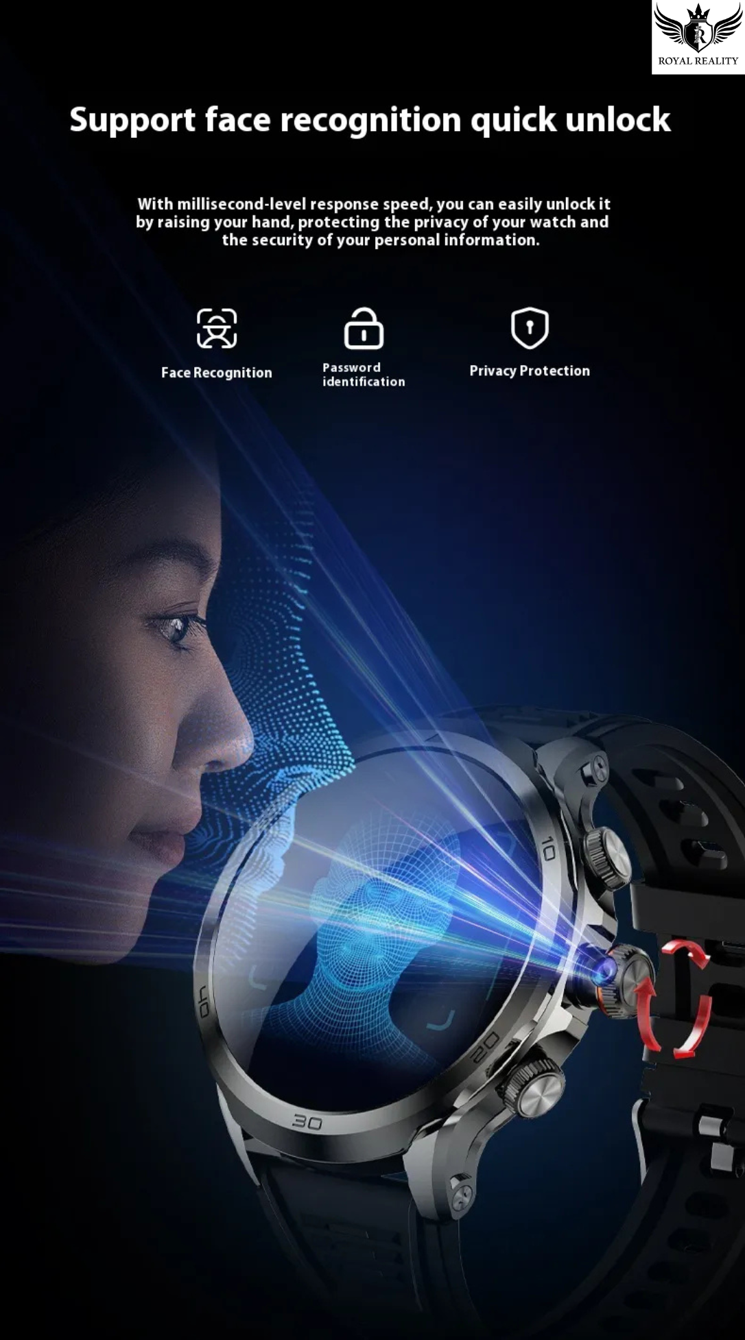 Smartwatch with face recognition technology on a dark background