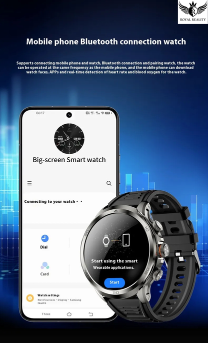 Smartwatch and smartphone with Bluetooth connection on a blue background