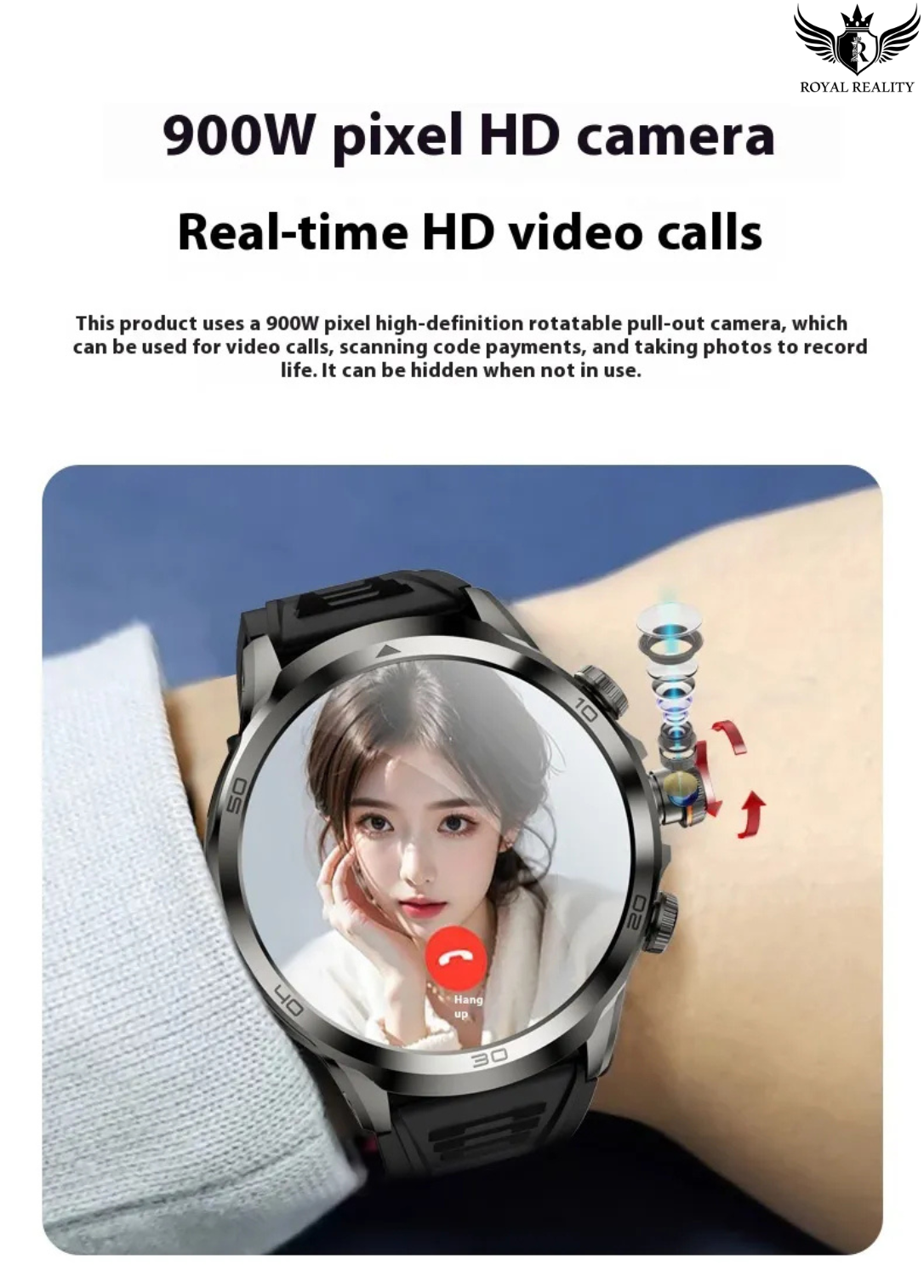 Smartwatch with a camera on a wrist, displaying a person on a video call.
