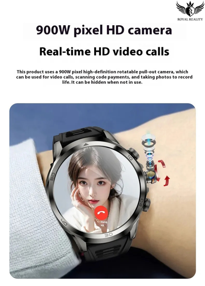 Smartwatch with a camera on a wrist, displaying a person on a video call.