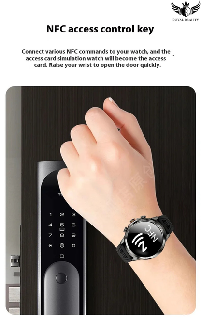 Hand wearing a smartwatch approaching a door with text about NFC access control key.