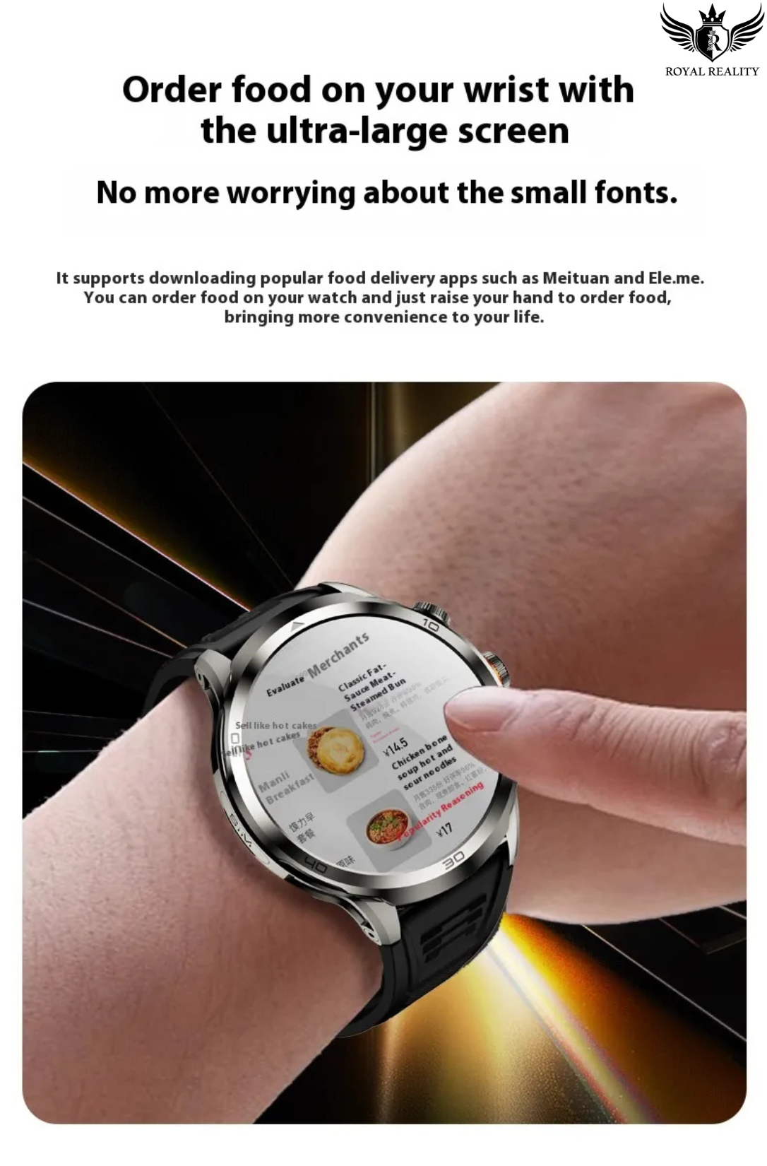 Smartwatch with a large screen displaying food delivery app options on a person's wrist.