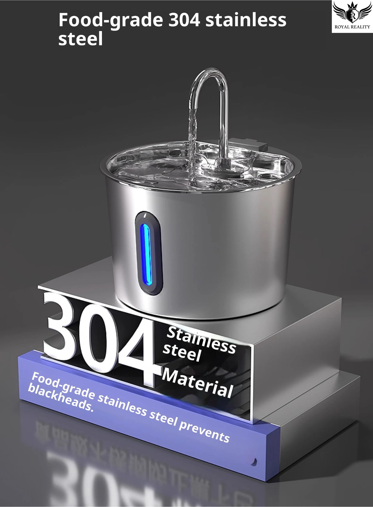 Stainless steel water fountain with '304 stainless steel' label on a dark background