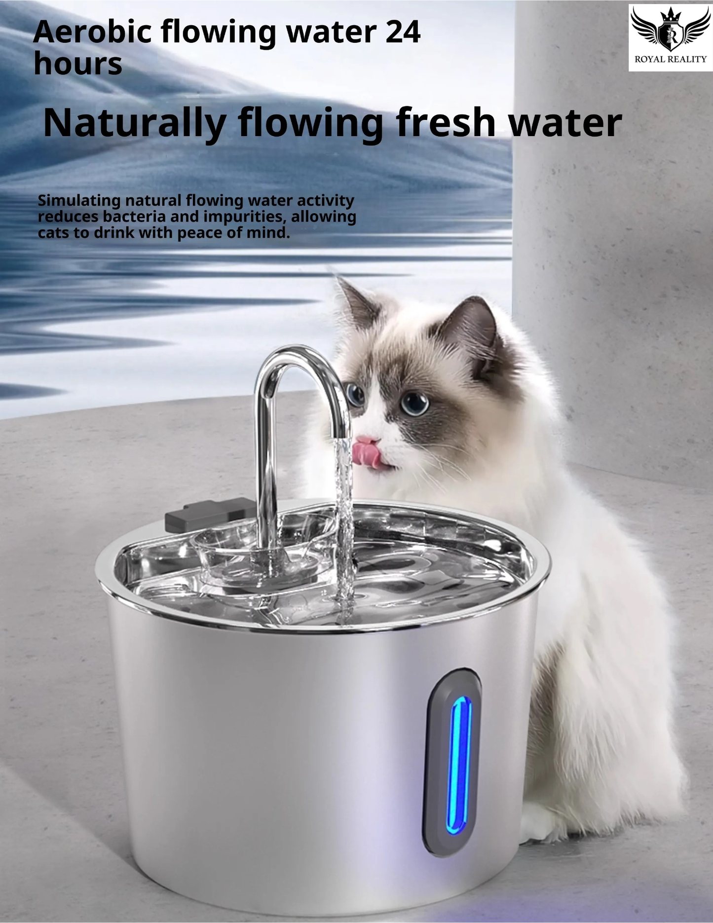Cat drinking water from a pet fountain with promotional text about water flow and freshness.