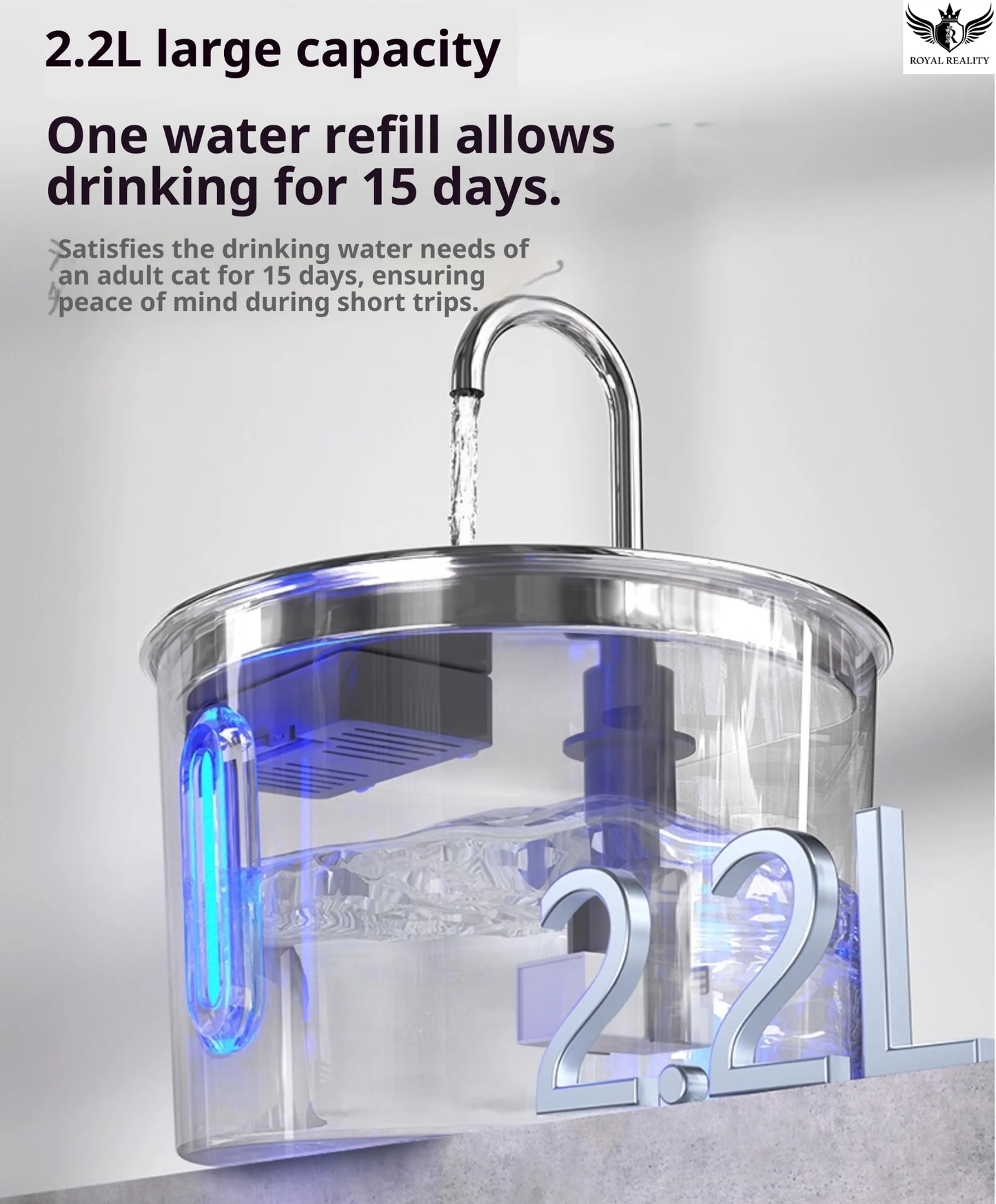 Clear water dispenser with blue light indicator and text about large capacity and drinking duration.