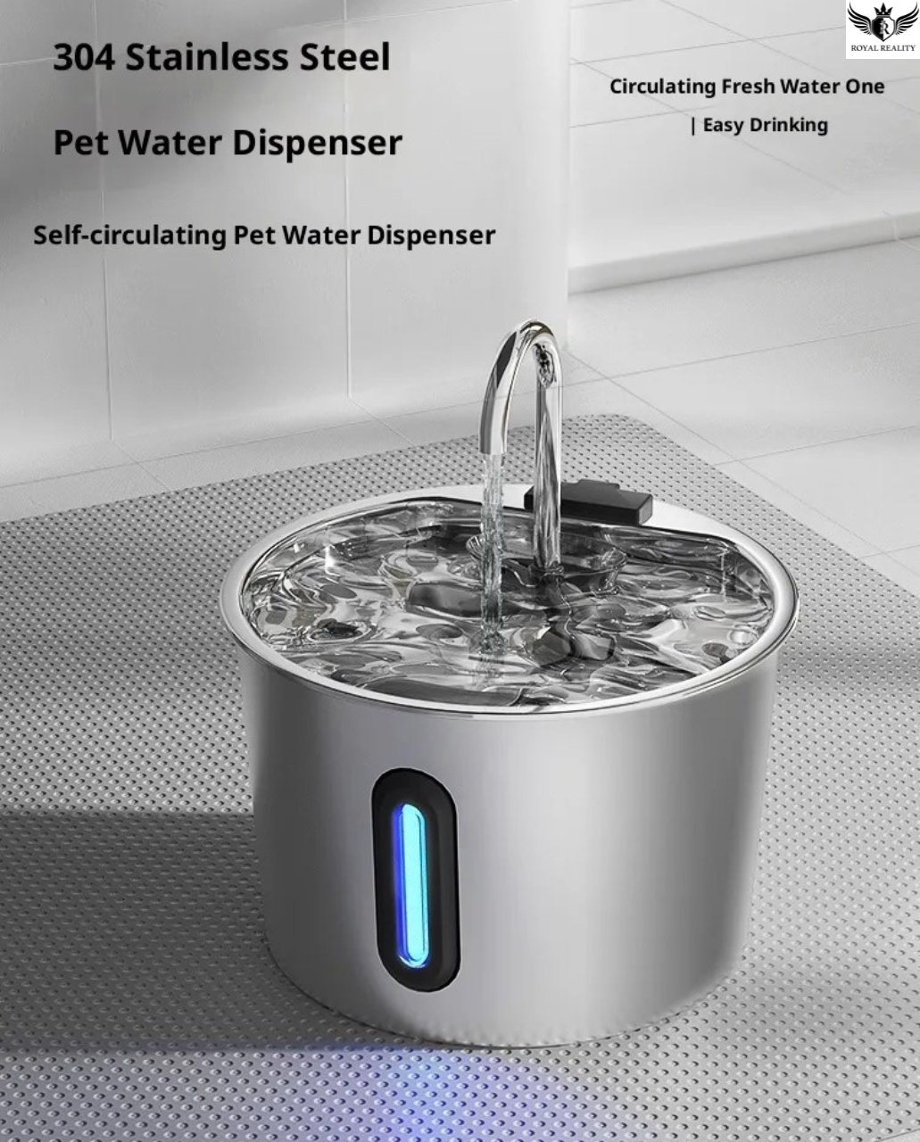 Stainless steel pet water dispenser with circulating fresh water on a gray surface.