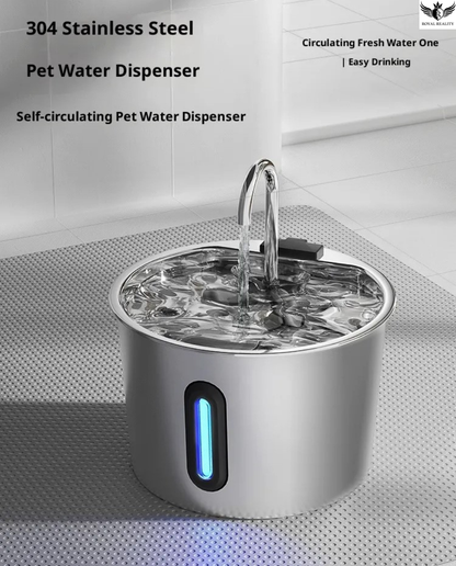 Stainless steel pet water dispenser with circulating fresh water on a gray surface.