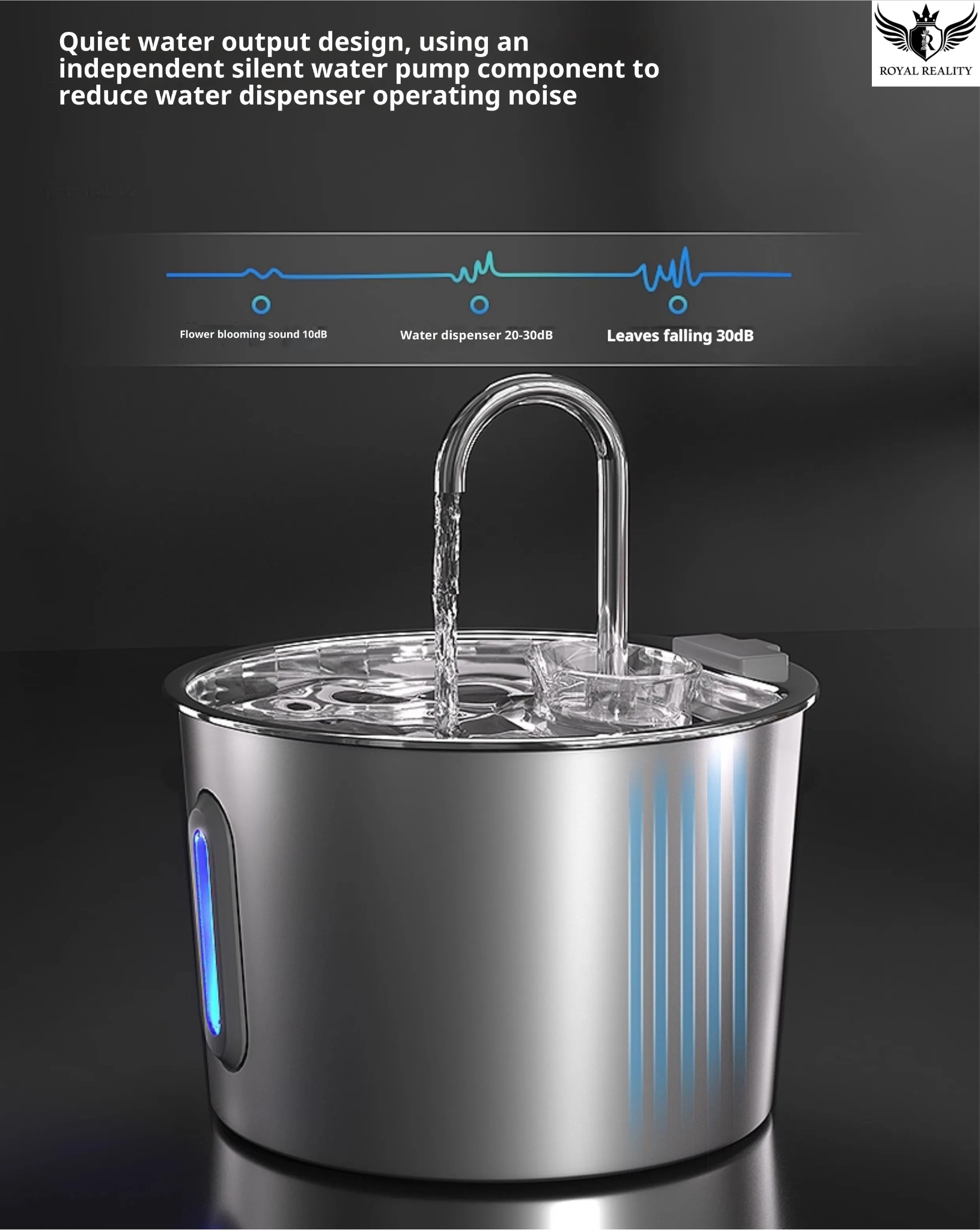 Stainless steel water dispenser with water flowing, on a dark background