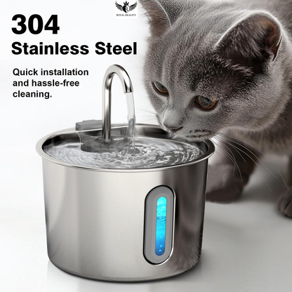 Cat drinking water from a stainless steel pet fountain with text highlighting material and features.