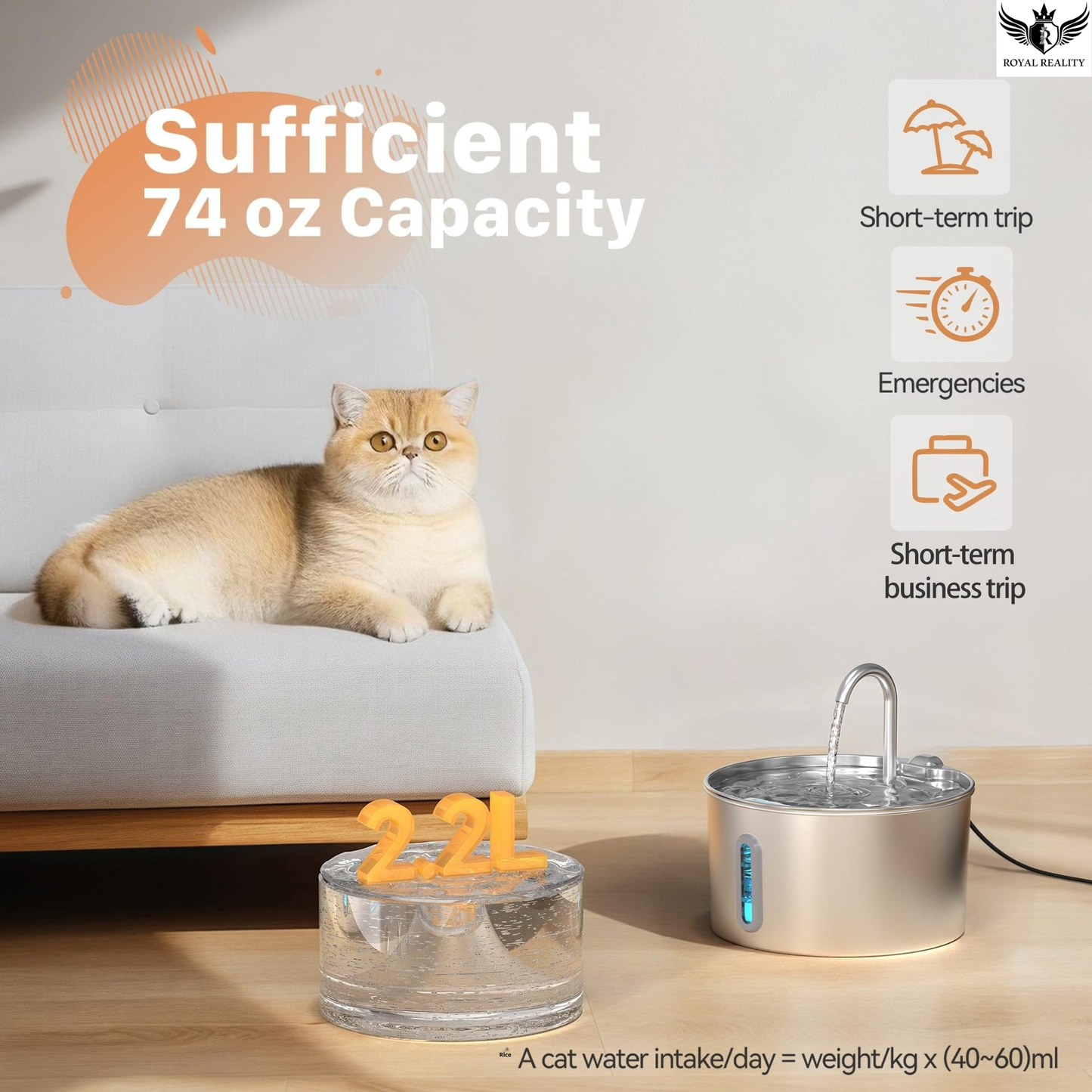 Cat sitting on a couch next to a pet water fountain with text about capacity and uses.