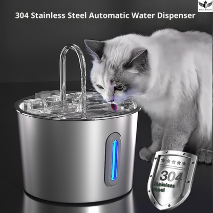 Cat drinking water from a 304 Stainless Steel Automatic Water Dispenser with a dark background.