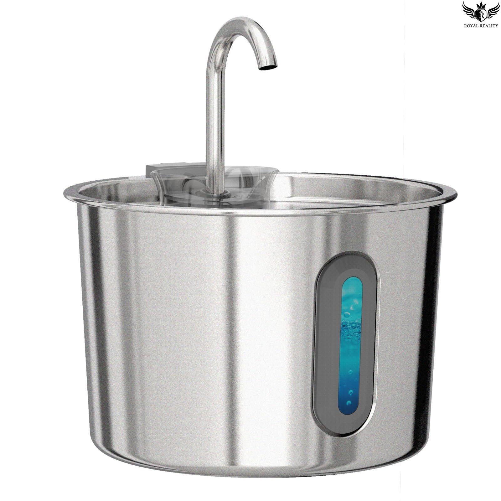 Stainless steel water dispenser with digital display on a white background