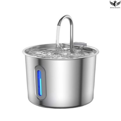 Stainless steel water filter with blue light indicator on a white background
