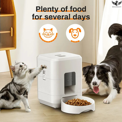 Pet food dispenser with a cat and dog interacting, text indicating ample food supply.
