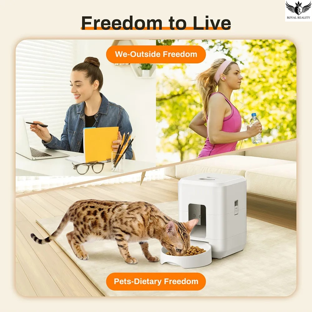 Cat eating from a bowl with people working in the background, promoting 'Freedom to Live' and 'Pets-Dietary Freedom'.