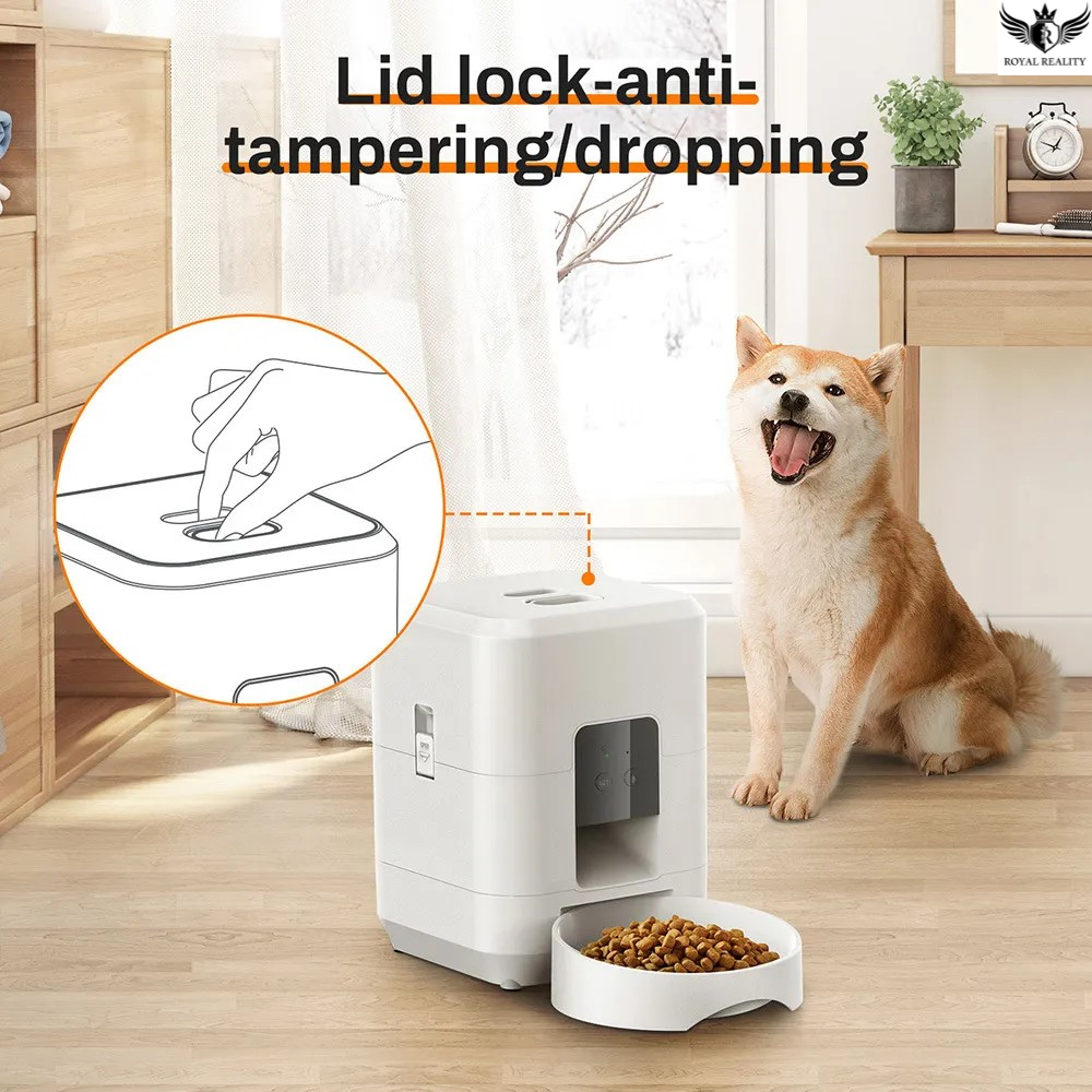 Pet feeder with lid lock feature, dog sitting next to it in a home setting
