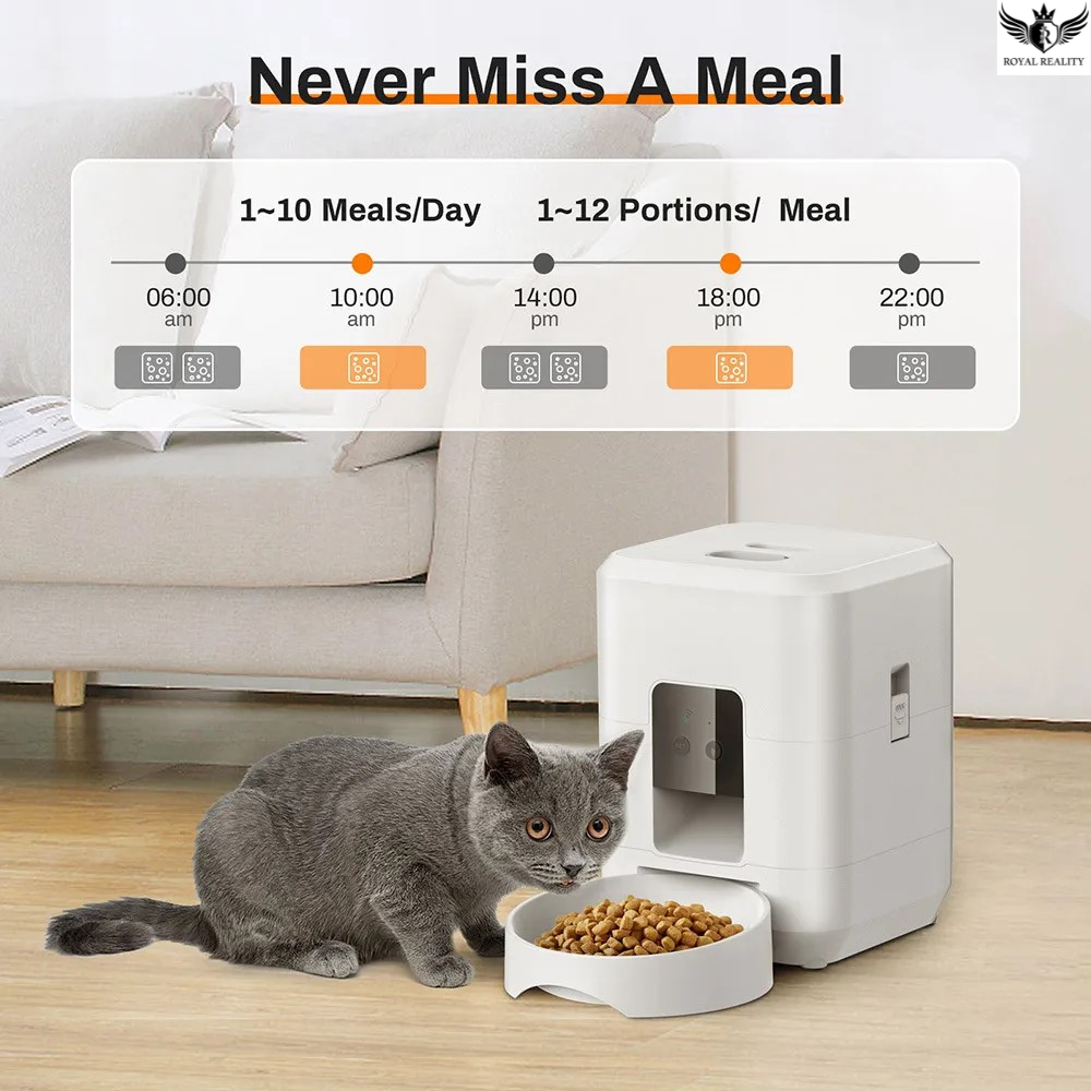 Pet feeder with a cat next to it on a wooden floor, with a schedule display above.