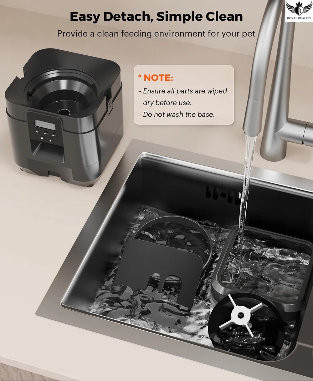 Pet feeding station being rinsed under a faucet with text on cleaning instructions.