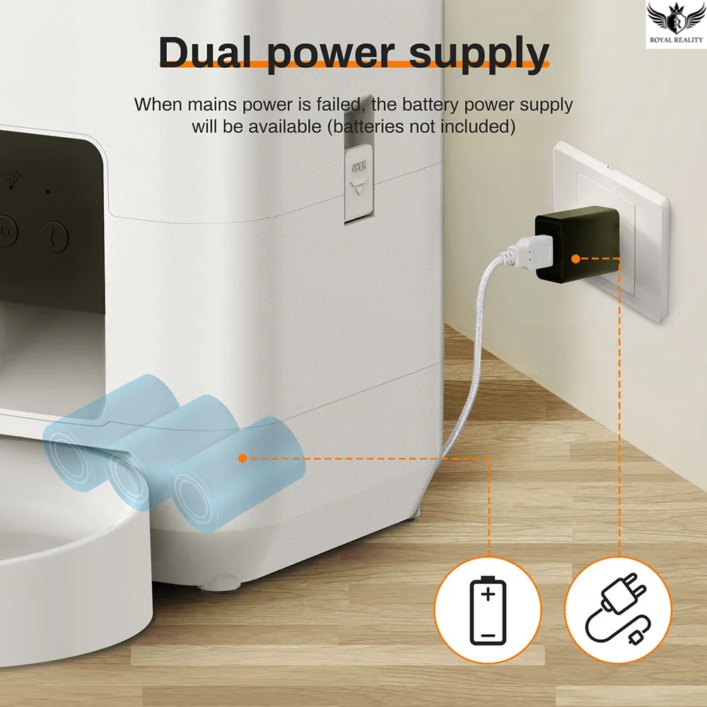 Dual power supply system with wall outlet and battery icons on a bathroom floor.