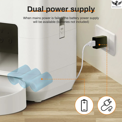 Dual power supply system with wall outlet and battery icons on a bathroom floor.