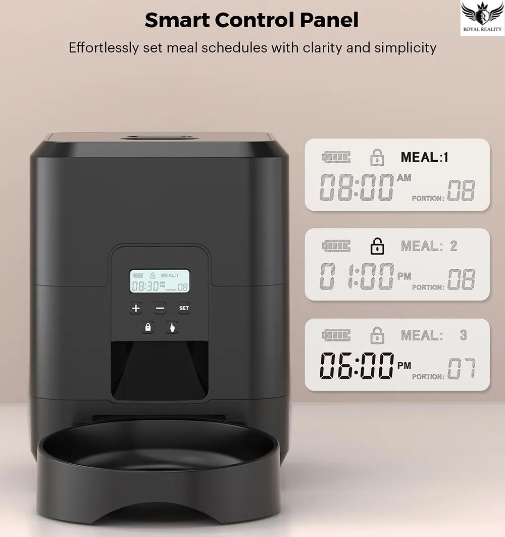 Black pet feeder with digital display and meal schedule on a beige background