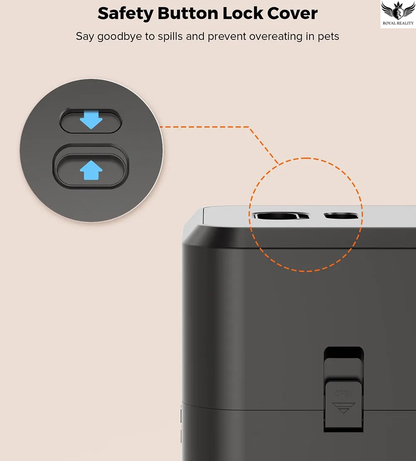 Pet food container with safety button lock cover illustration on a beige background