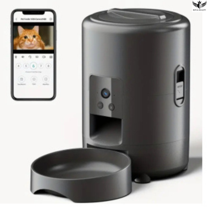 Pet feeder with smartphone displaying app interface on a white background