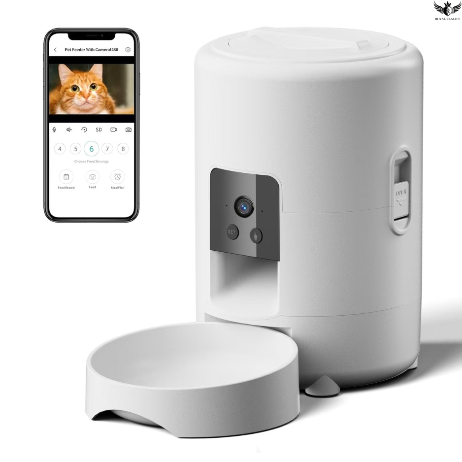 White pet feeder with smartphone app interface displaying a cat on a white background