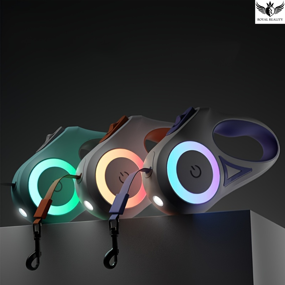 Three colorful LED dog leashes on a dark background with 'Royal Reality' branding.