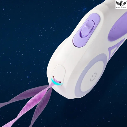 White and purple device with a blue light and pink ribbon against a dark background