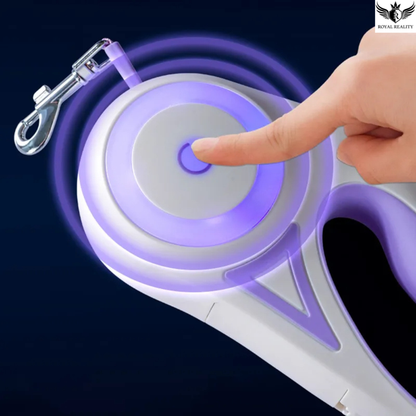 Retractable dog leash with purple light and hand pressing a button on a dark background