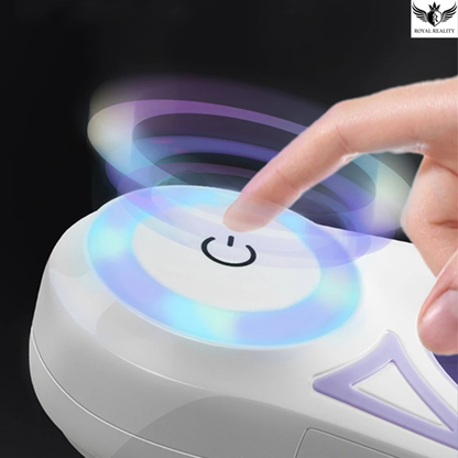 Hand pressing a button on a device with colorful light effects