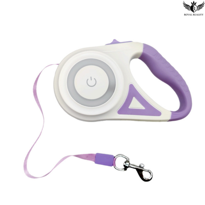 Retractable dog leash with purple handle and white body on a white background