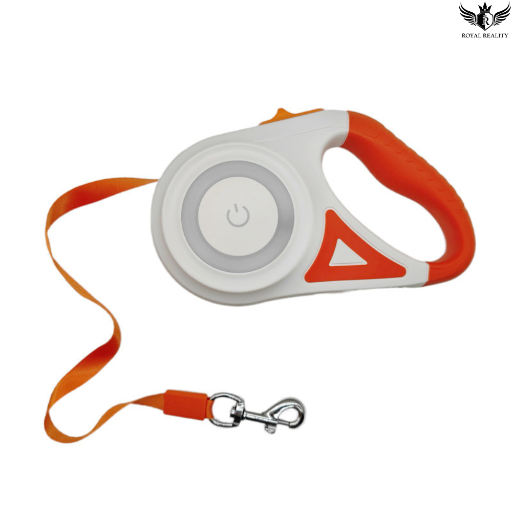 Retractable dog leash with orange handle and strap on a white background
