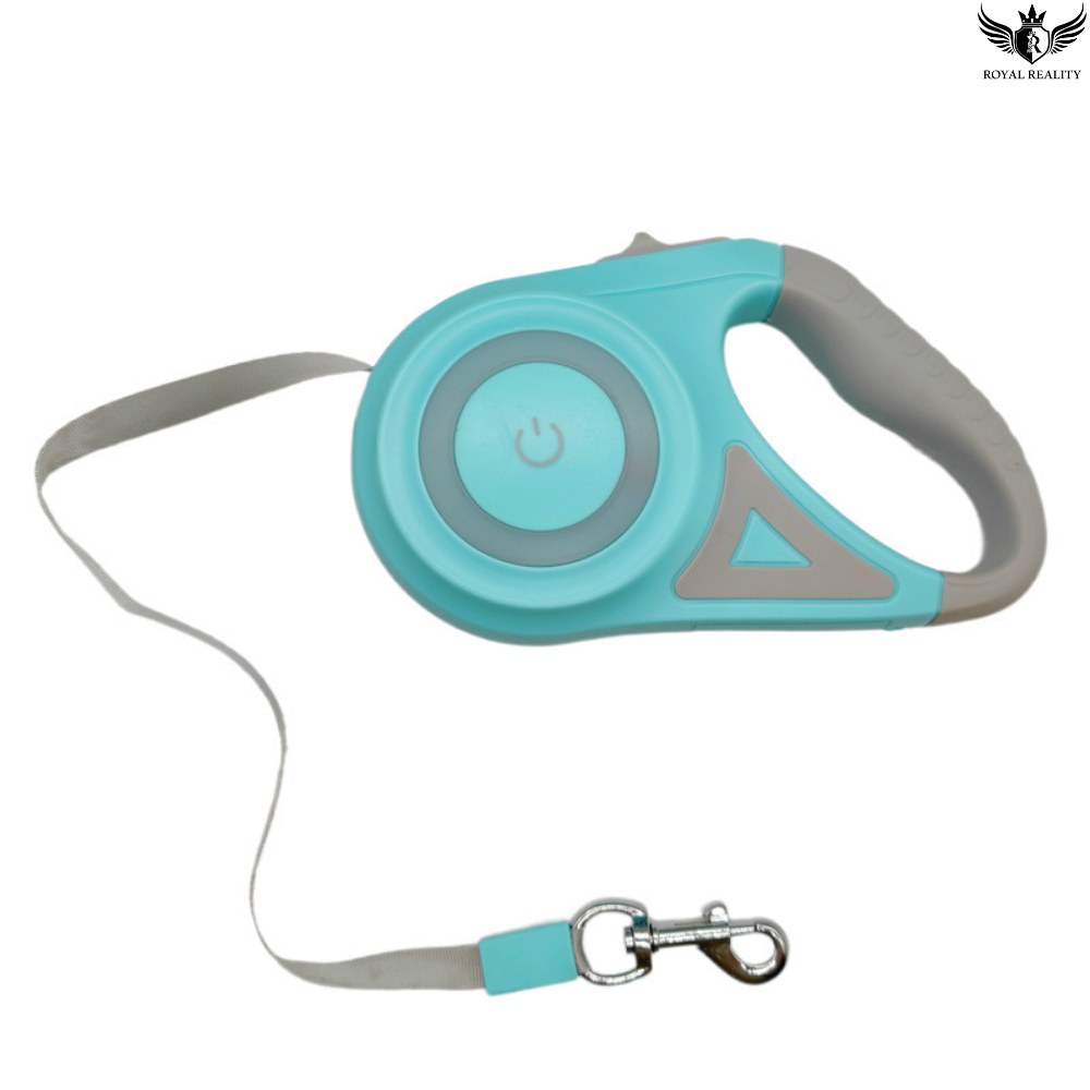Turquoise and gray retractable dog leash on a white background