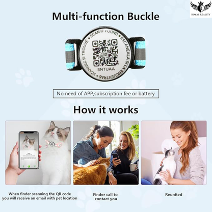 Multi-function buckle with QR code for pet tracking, showing how it works with users and a pet.