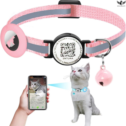 Pet collar with QR code scanner, bell, and smartphone app interface on a white background