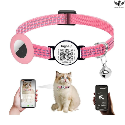 Pink pet collar with a QR code tag, bell, and smartphone app interface on a white background.