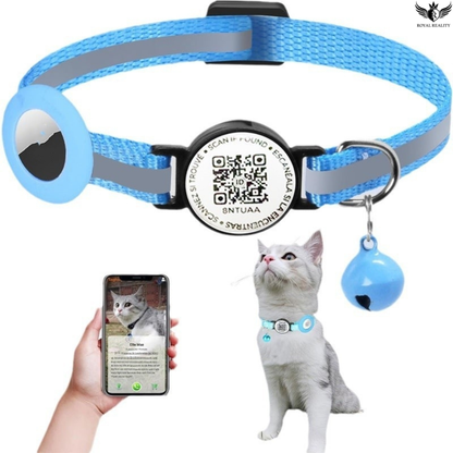 Pet collar with QR code tag, bell, and smartphone app interface on a white background