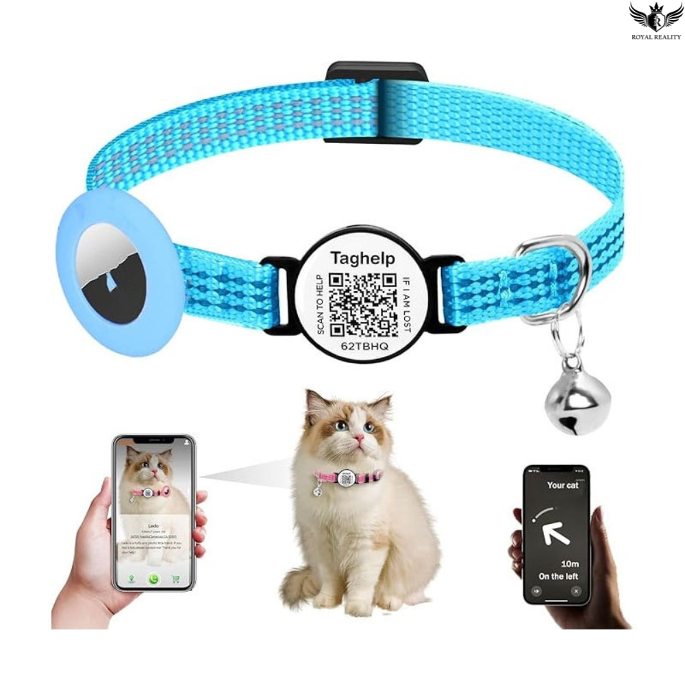 Blue pet collar with QR code tag, bell, and smartphone app interface on a white background