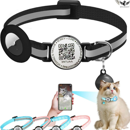 Pet collar with QR code tag, smartphone app, and cat wearing the collar on a white background