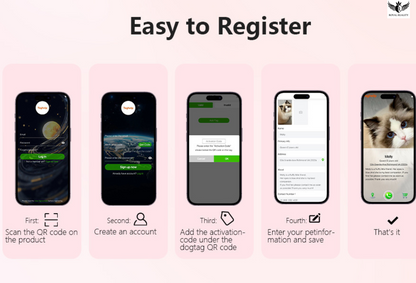 Step-by-step guide for registering a pet tracking app on a pink background