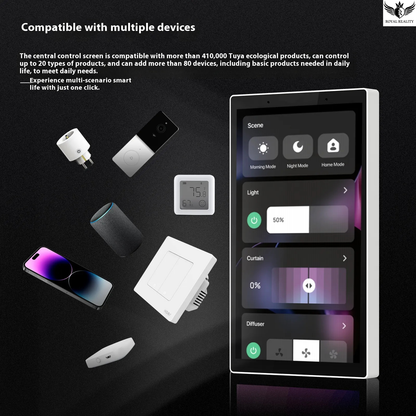 Smart home control screen with various devices on a dark background