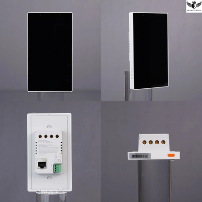 Set of electronic devices on stands against a gray background