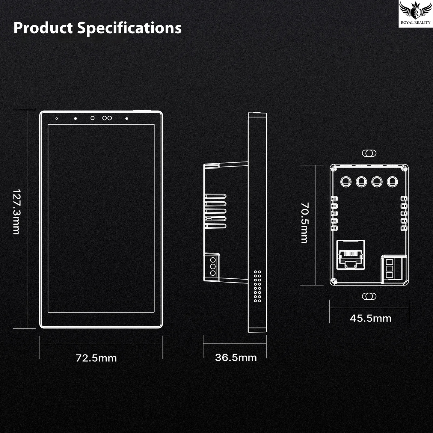 Technical drawing of a product with dimensions on a black background